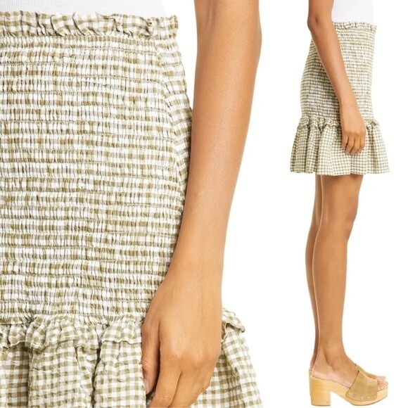 NWT Veronica Beard Aloya Smocked Gingham Mini Skirt Olive & White Size Large NEW - Picture 16 of 16